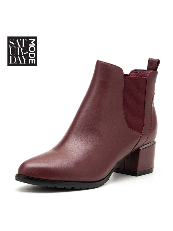 SATURDAYMODE牛皮革粗跟圆头休闲短靴MD64116108