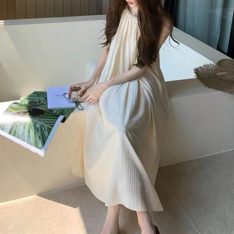 DBMG晴空蓝 春夏轻盈无袖下摆连衣裙温柔气质夏日懒人飘飘裙
