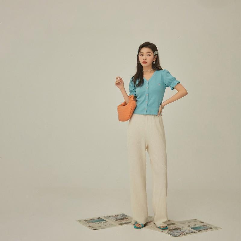 OtherMix针织刺绣开衫T恤2021年夏季新款v领修身泡泡袖短款女上衣