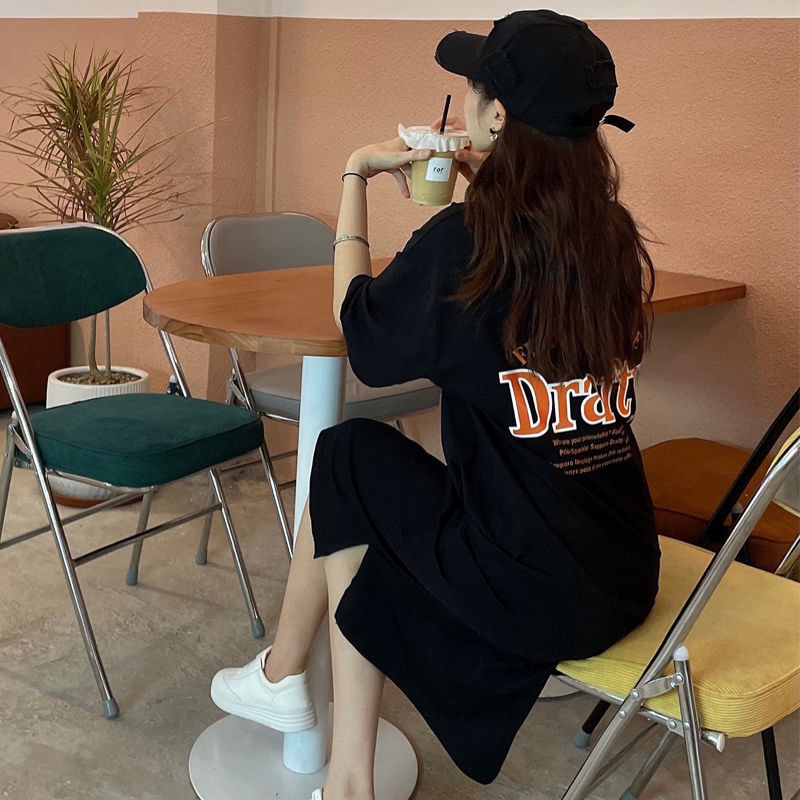 韩国大码T恤女装夏季新款开叉长裙打底衫上衣过膝胖妹妹连衣裙女