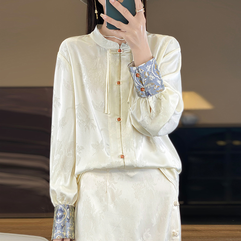 年新中式国风改良仿真丝衬衫女提花醋酸丝绸缎面立领上衣外套