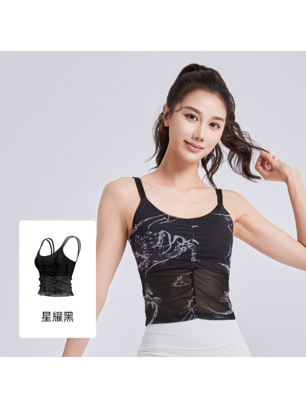 新款国风印花瑜伽背心一体固定杯外穿运动内衣吊带女