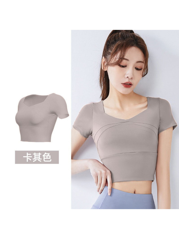 拼接速干瑜伽服带胸垫瑜伽短袖裸感修身显瘦运动健身上衣