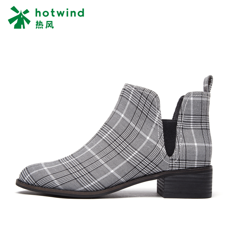 热风hotwind冬款时尚粗跟女士格纹短靴圆头休闲切尔西靴时装靴H82W7443