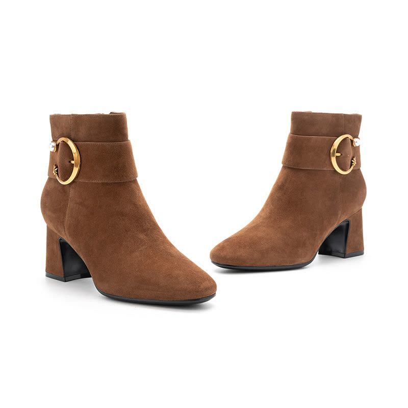 St&Sat/星期六新款优雅金属装饰圆头粗跟短靴SS84116692图片