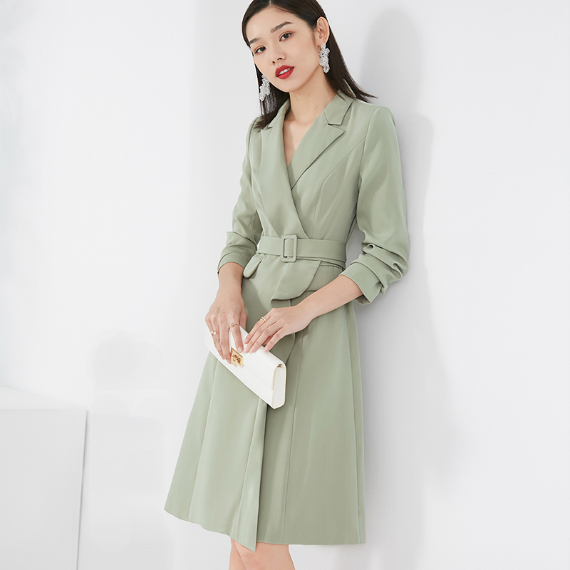 晚白2021春季新品通勤简约纯色修身高腰纯色长袖西装裙连衣裙女