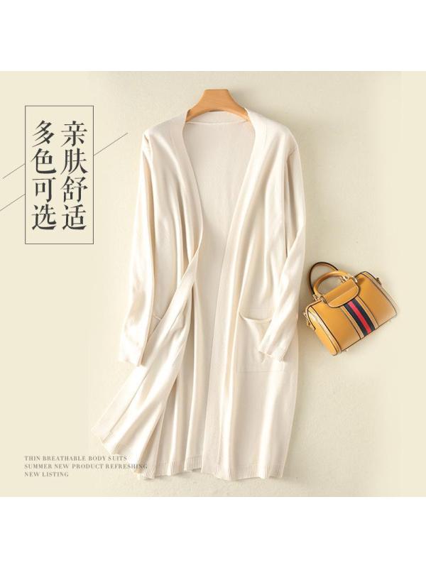 韩版软糯纯色针织开衫女春季新款宽松慵懒风中长款毛衣外套女