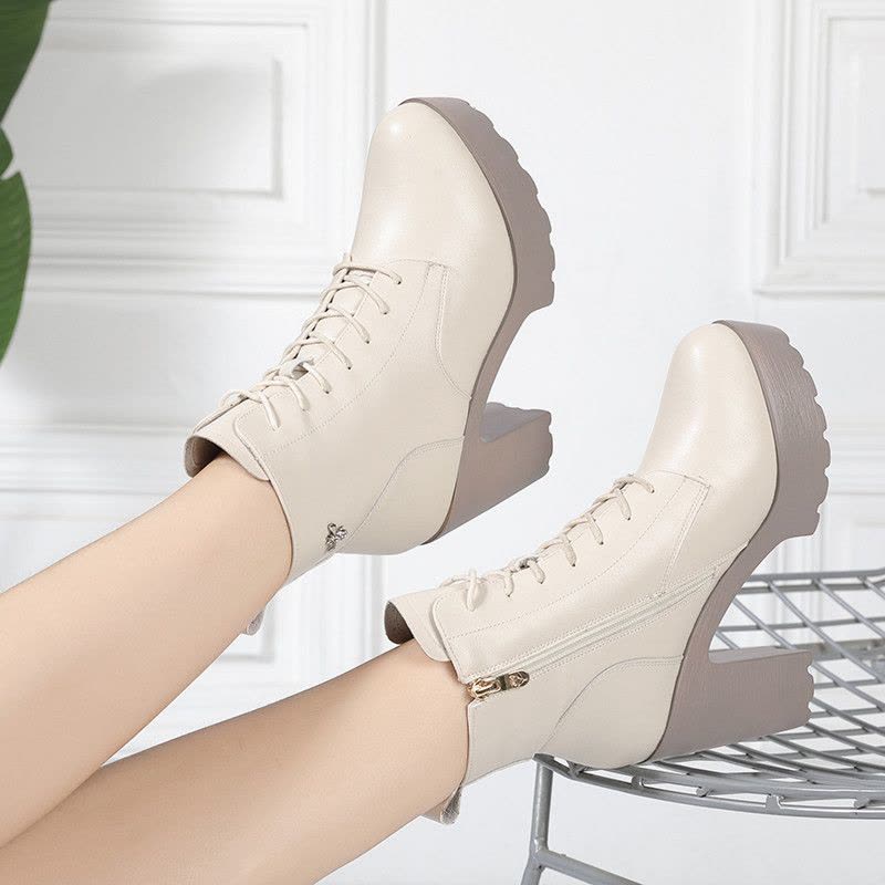 冬季新款马丁靴女粗跟厚底短靴高跟防水台不累脚棉靴增高靴子图片