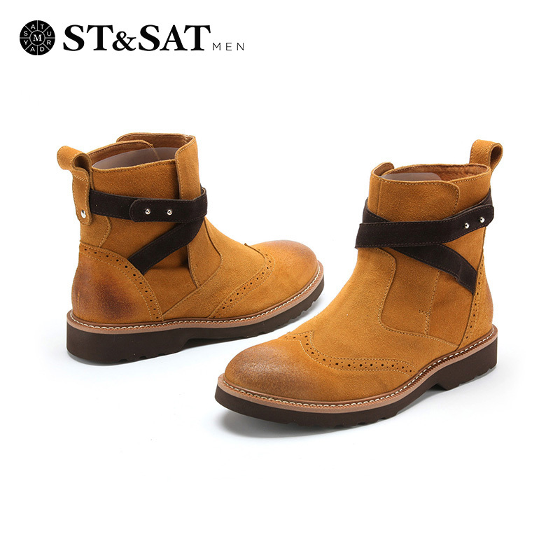 星期六男鞋（ST&SAT）二层磨砂牛皮革平跟圆头时尚休闲男靴SS44129164