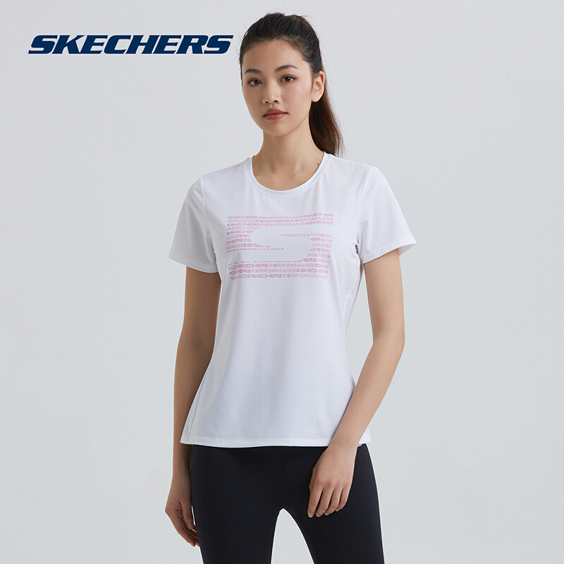 skechers斯凯奇女装新款短袖训练t恤衫撞色印花上衣smps219w007
