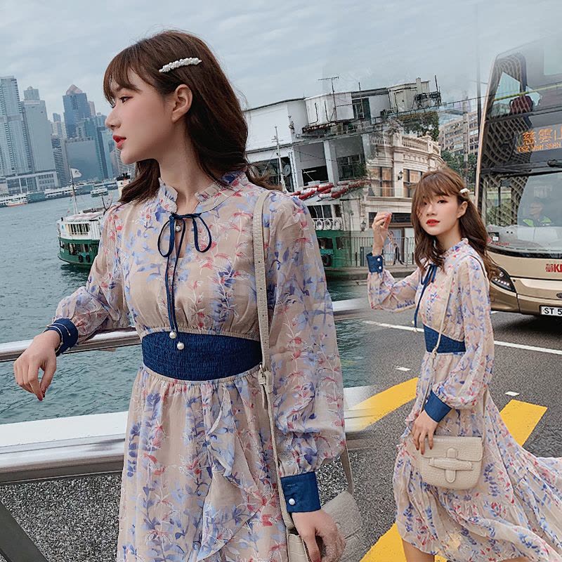 【COMEACROSS】2019年春季时尚潮流舒适简约个性拼色长袖中长款连衣裙图片