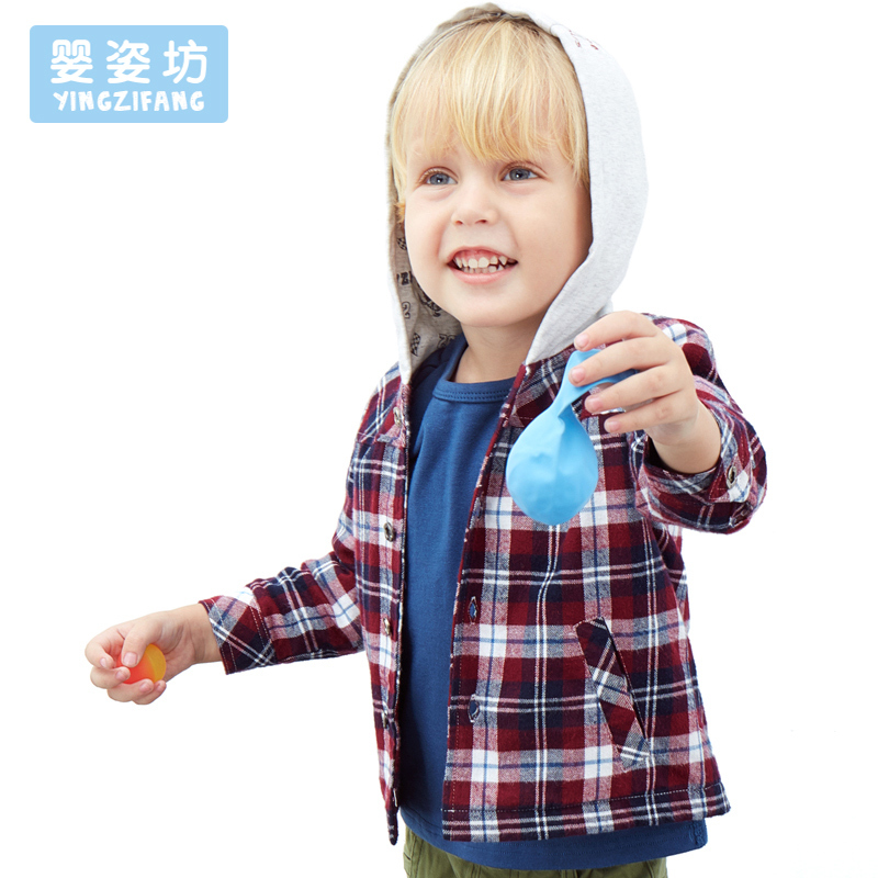 婴姿坊男女童春秋新款外套连帽双小口袋两拼色格子英伦风