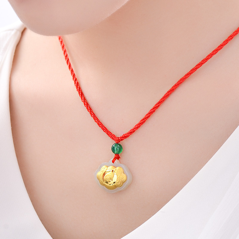 十二生肖黄金吊坠项链宝宝款猪年红绳足金和田玉镶嵌平安锁圣诞送婴儿