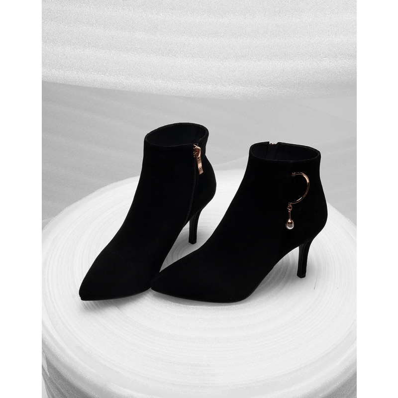 白鳕儿冬季欧美磨砂短筒尖头超高跟细跟侧拉链加绒日常女士靴子