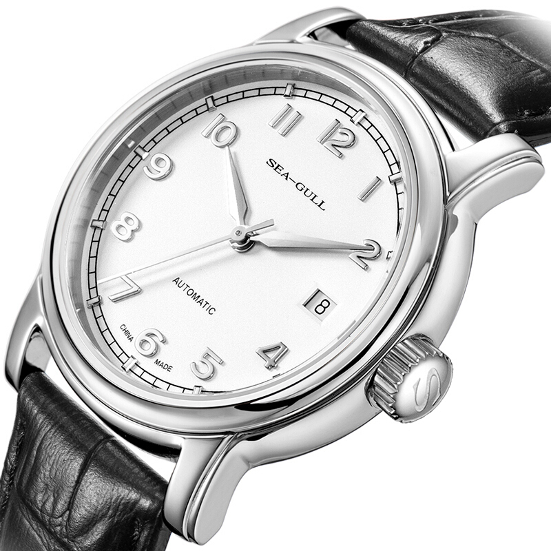 海鸥seagull手表简约休闲系列单历自动机械男表白盘黑色皮带d819628