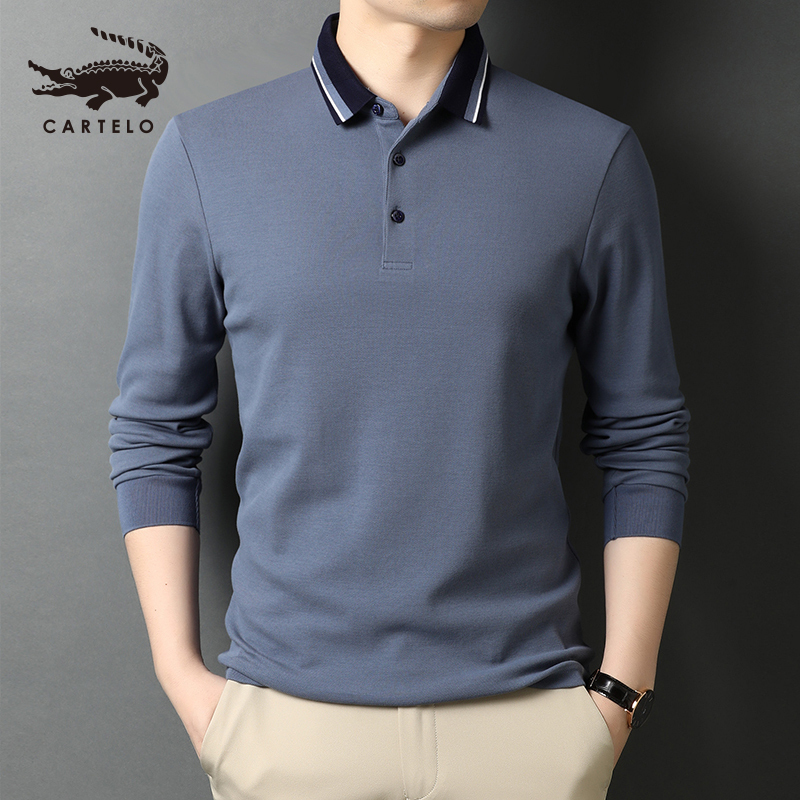 卡帝乐鳄鱼(CARTELO)纯棉POLO衫新款男士长袖T恤翻领商务休闲体恤上衣