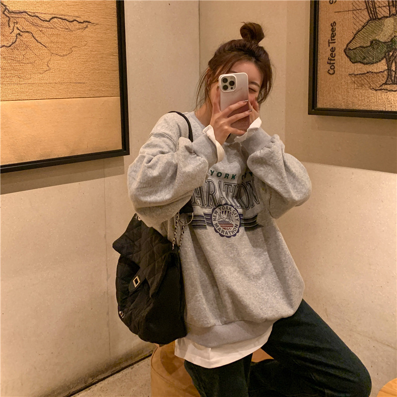 秋冬季宽松韩版拼接假两件长袖休闲卫衣女学生个性上衣女装潮