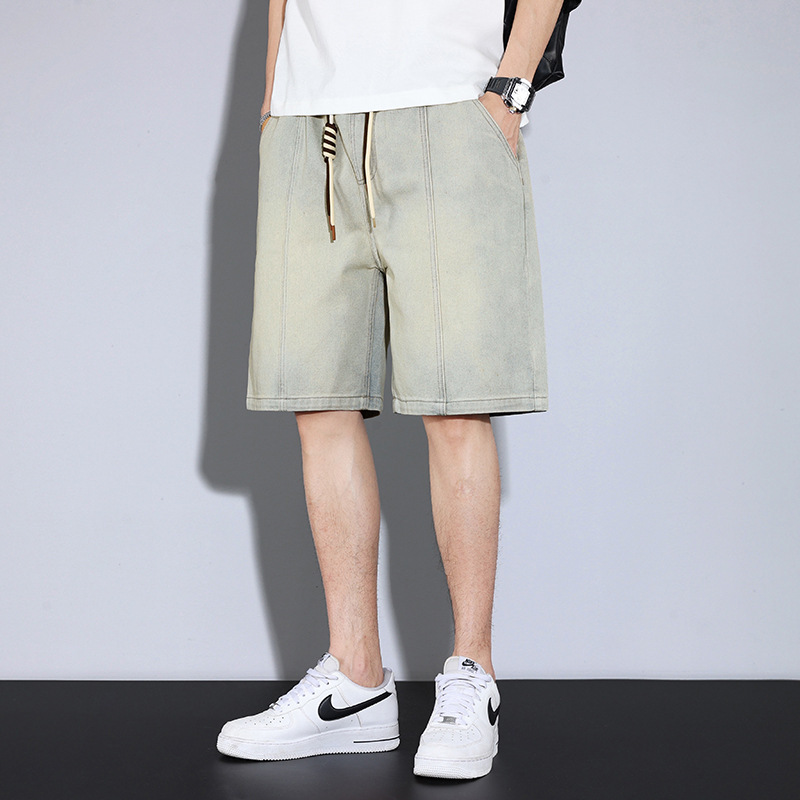 美式设计感抽绳牛仔短裤男士夏季薄款宽松潮牌男生五分休闲中裤子