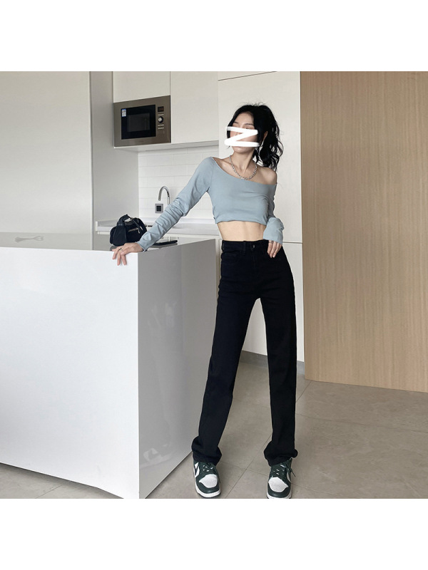 2021秋季韩国小直筒牛仔裤女高腰显瘦宽松烟管裤秋冬弹力直筒长裤