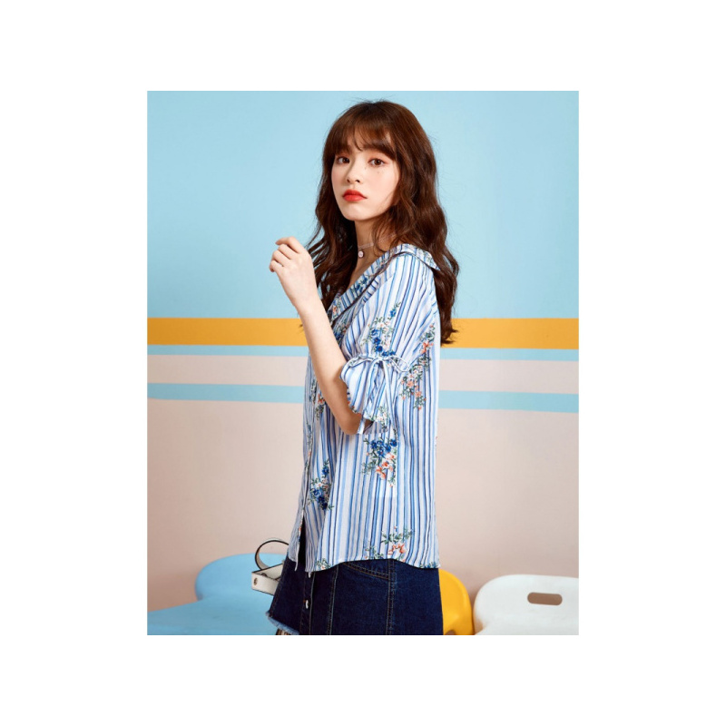 【专柜同款】拉夏贝尔夏季新款绑带蝴蝶结甜美宽松学院风印花衬衫70010317 条纹混色 S