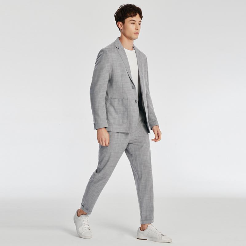 千纸鹤男装西服套装春季新款韩版休闲灰色调格纹小西装外套35214