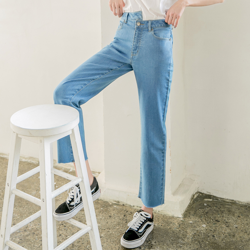 韩都衣舍2018新款女装夏装韩版毛边直筒宽松九分牛仔裤女魭