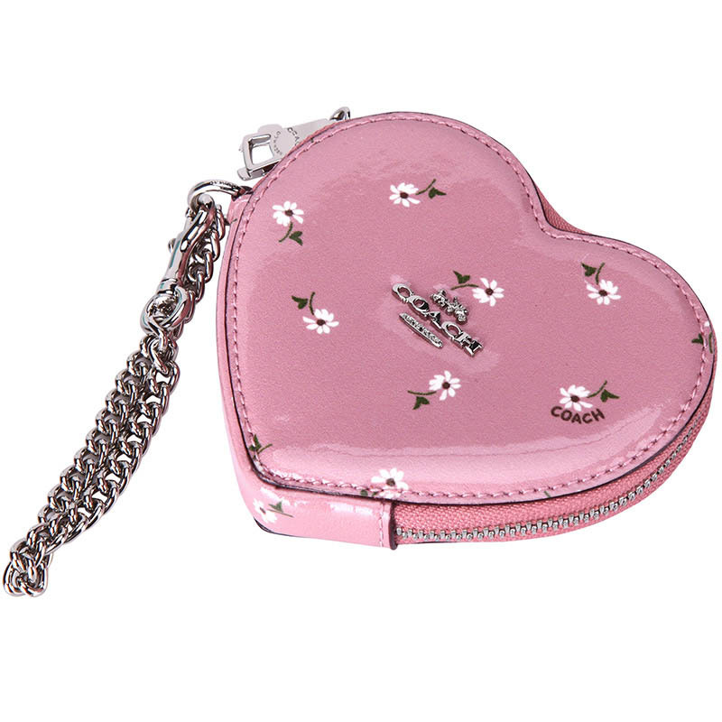 蔻驰coach钱包奢侈品女包欧美时尚女士豆沙粉漆皮心型印花短款手拎包