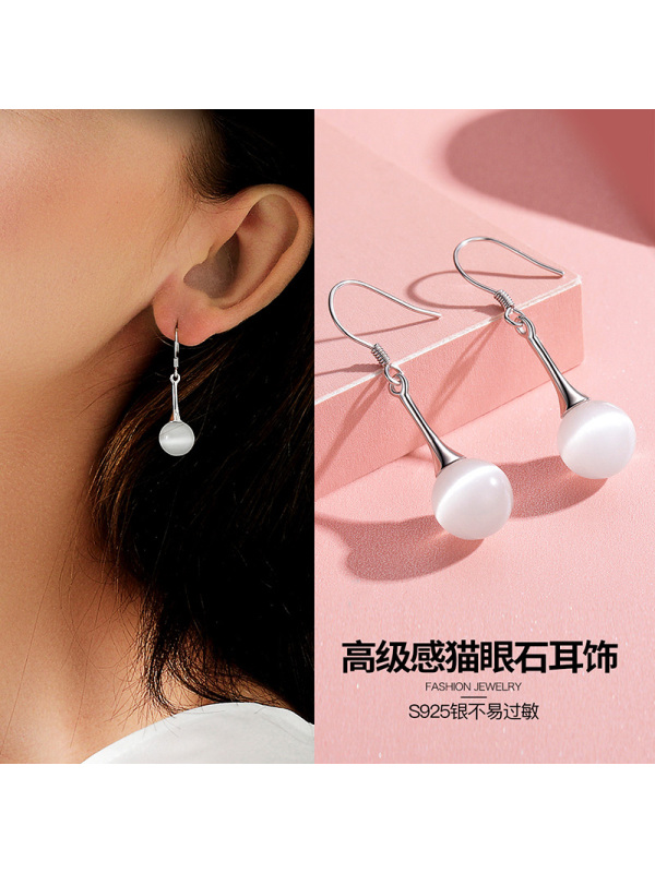 佰色传情纯银耳饰猫眼石耳饰女耳环日韩国气质百搭网红耳坠