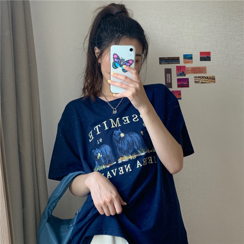 夏季韩版短袖T恤女中长款打底衫女卡通学生宽松上衣女装