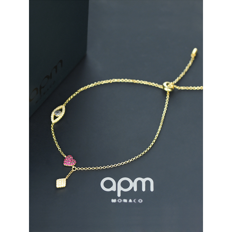 【apm MONACO】爱心心形幸运符手腕链镶红钢玉925银手链饰品恶魔之眼手串女士欧美风格首饰