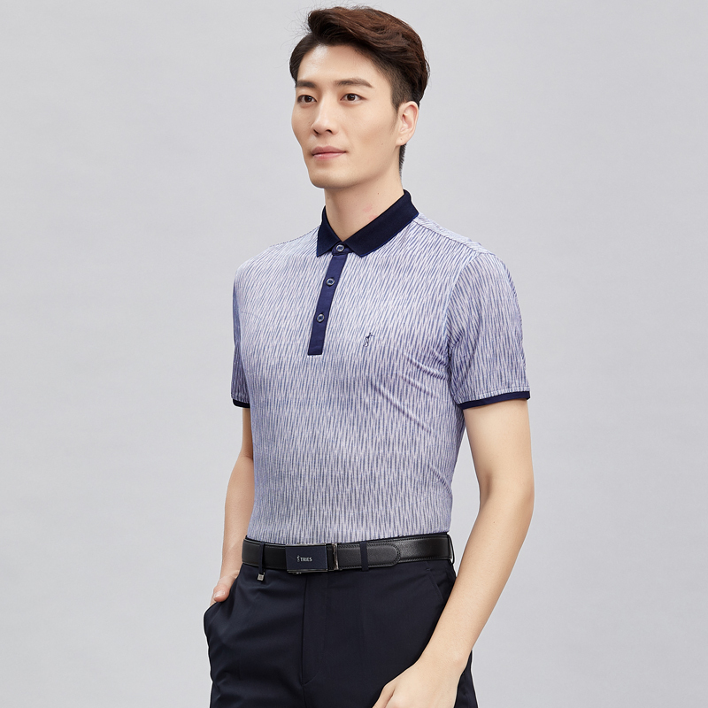 才子男装中年商务休闲短袖t恤2018夏季新款条纹翻领polo衫棉