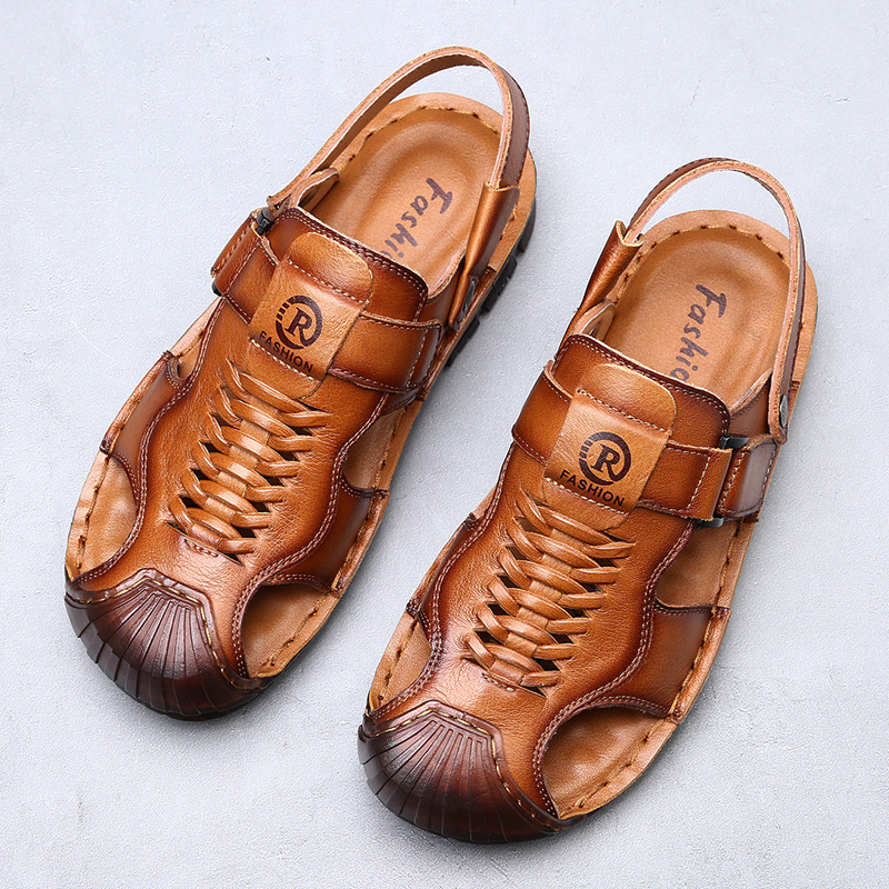 头层牛皮凉鞋男士包头夏季外穿休闲沙滩鞋男款防滑软底镂空男拖鞋