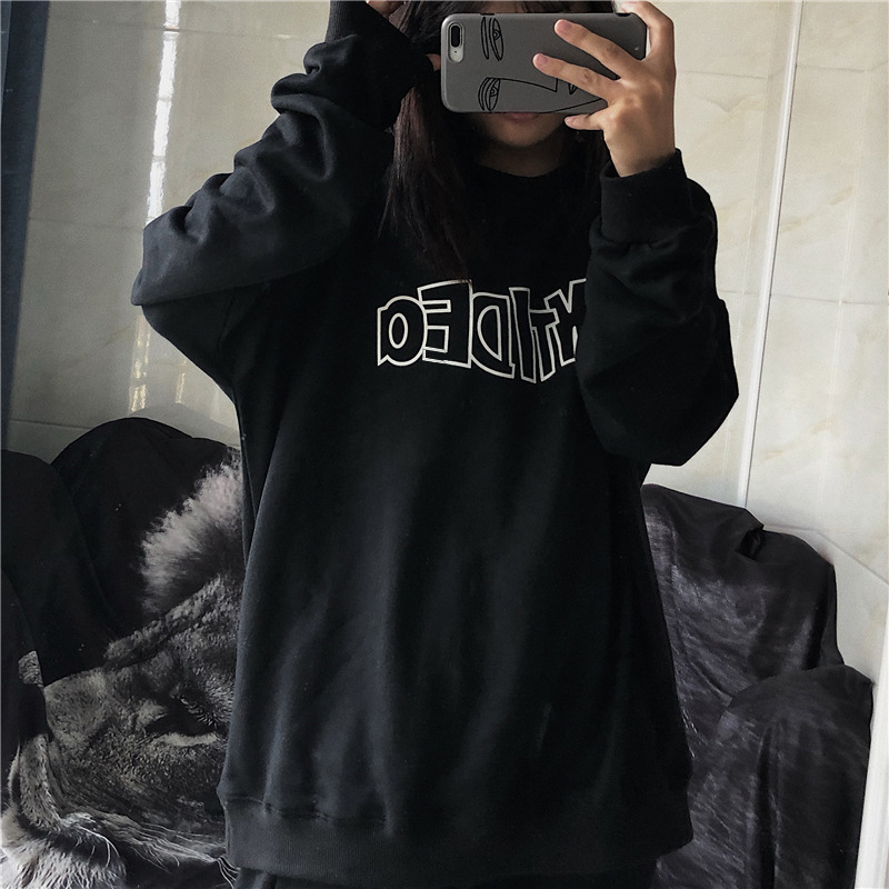 秋季新款宽松字母印花圆领长袖卫衣女学生薄款外套衣服女