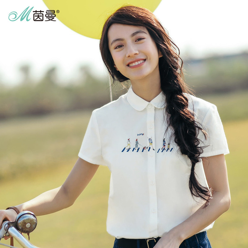 茵曼夏装新款纯棉翻领人物绣花文艺短袖衬衫女衬衣小清新上衣