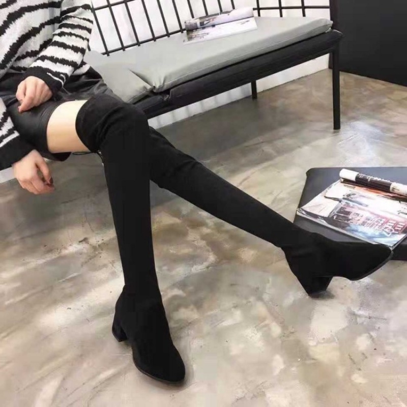 Tiauny 秋冬新品弹力袜式过膝长靴尖头针织弹力平底粗跟袜靴女靴50-817