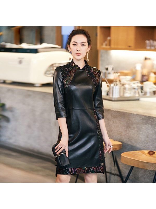 憨厚皇后2018春季新款海宁真皮皮衣女装中长款修身绵羊皮旗袍外套70