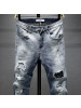 Ceba精神社会小伙春夏浅色韩版个性补丁牛仔长裤百搭个性跑男式牛仔裤