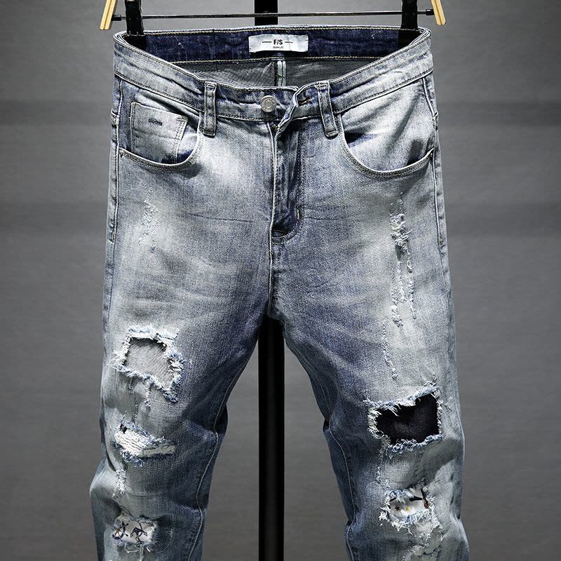 Ceba精神社会小伙春夏浅色韩版个性补丁牛仔长裤百搭个性跑男式牛仔裤图片