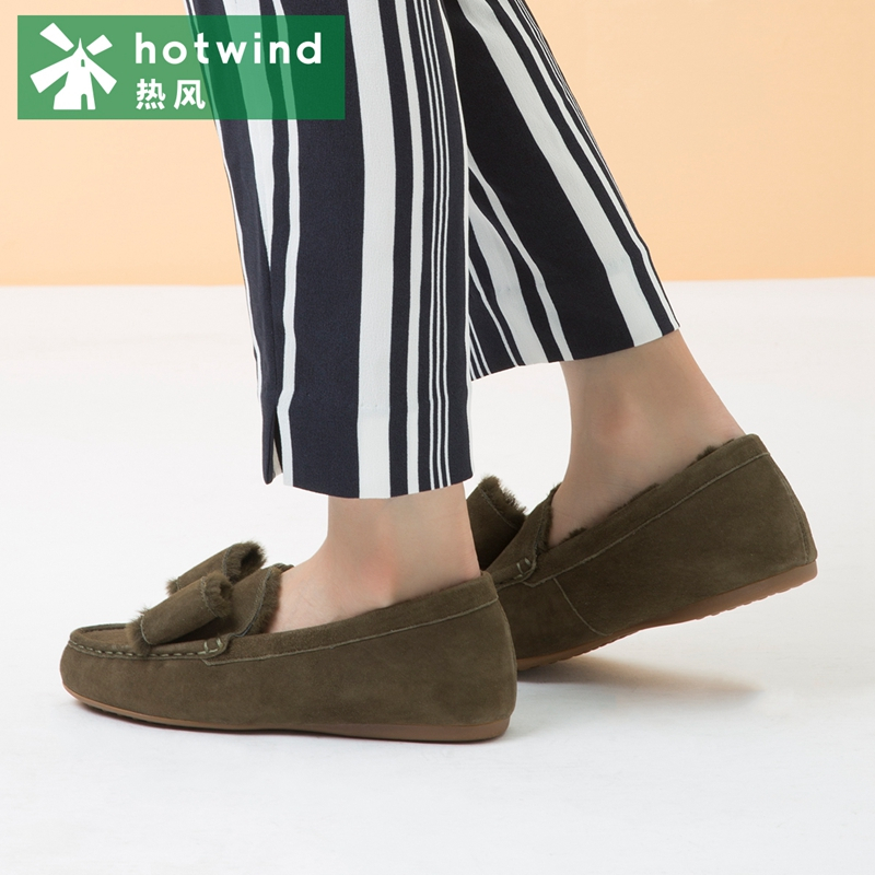 热风hotwind新款复古中口一脚套女士加绒套脚休闲鞋平底鞋H10W7311
