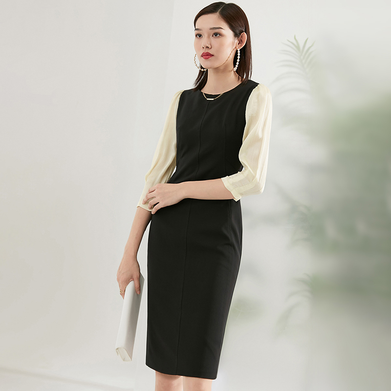 晚白2021春季新品假两件拼色圆领修身显瘦职业高腰包臀裙连衣裙女