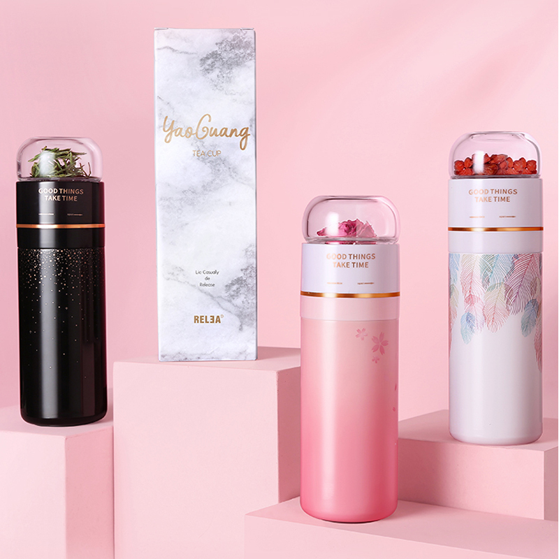 物生物(RELEA)茶水分离泡茶杯双层不锈钢过滤创意女便携随手保温杯水杯子