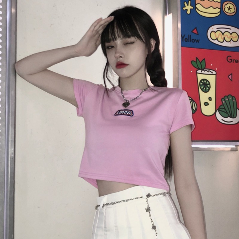 短款T恤女夏装韩国女装高腰短袖T恤女紧身露脐上衣服女装