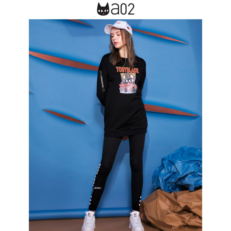 a02新款个性少女露肩拉链卡通印花中长款卫衣女DTU5B0571KT