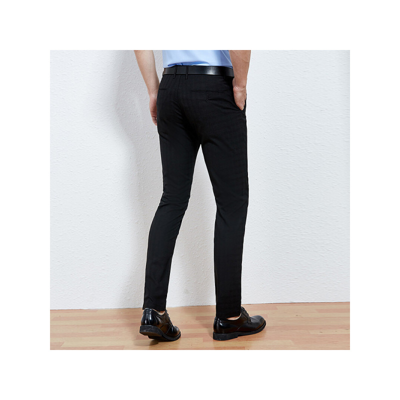 才子男装春季新款格子提花休闲裤直筒中腰长裤职业上班裤子男黑色