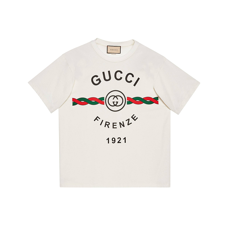 GUCCI 古驰 男士棉质Gucci Firenze 1921超大造型圆领短袖T恤616036 XJD7T