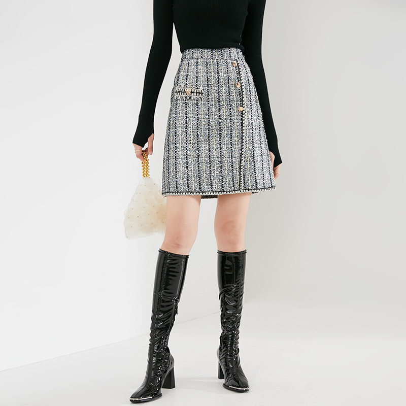 晚白2021春季新品时尚名媛淑女高腰百搭短裙小香风毛呢半身裙女