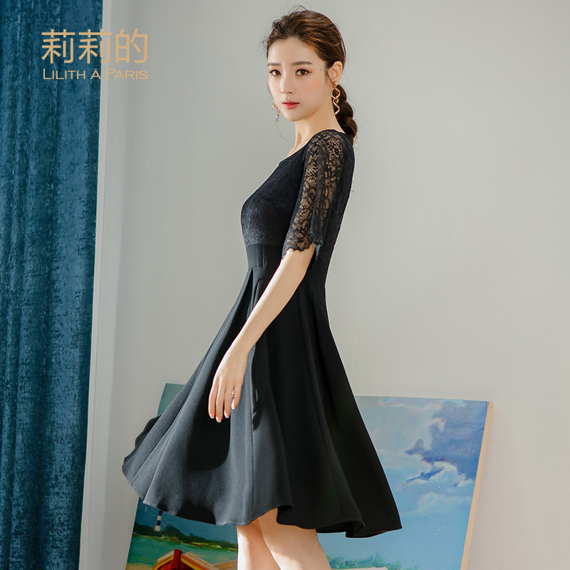 莉莉的 连衣裙夏中长款韩版夏季新款小黑裙蕾丝修身a字裙