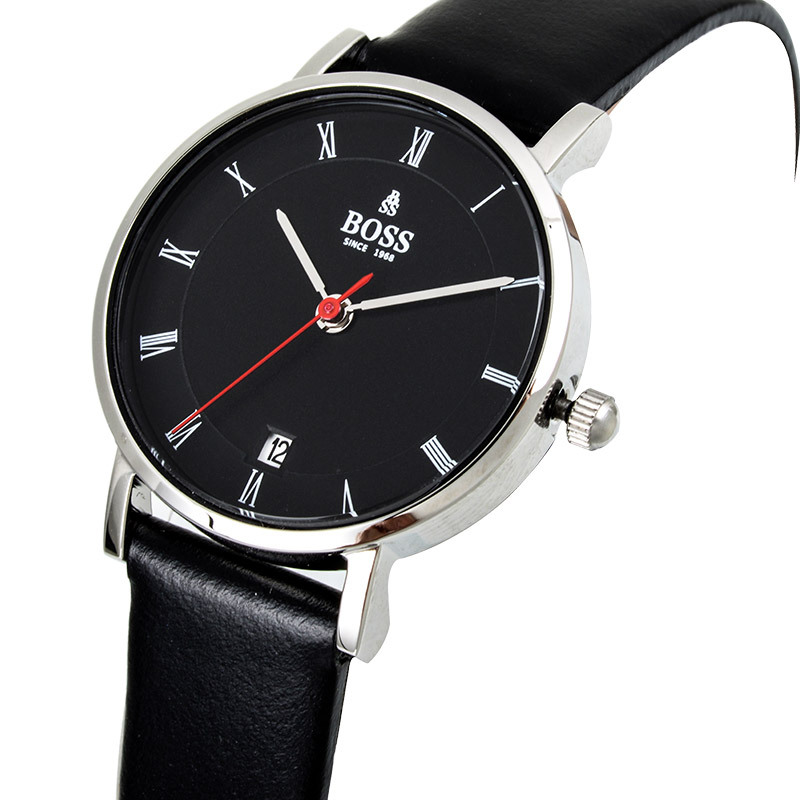 boss手表简约时尚潮流罗马字大盘三针日历情侣表皮带防水女石英腕表