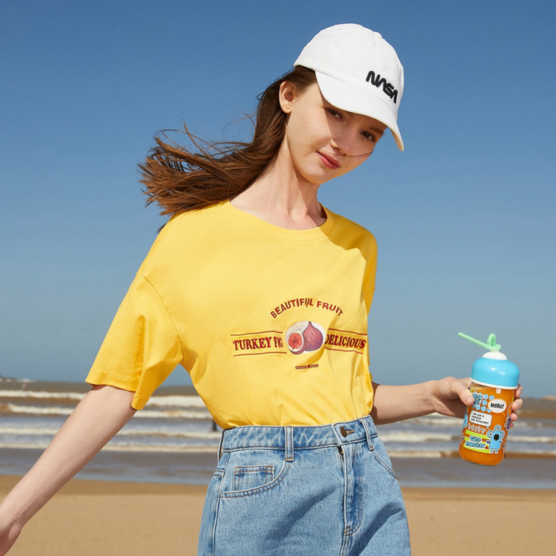 【满198减100预估价:36】森马夏季款白色纯棉简约粉色短袖宽松t恤女不