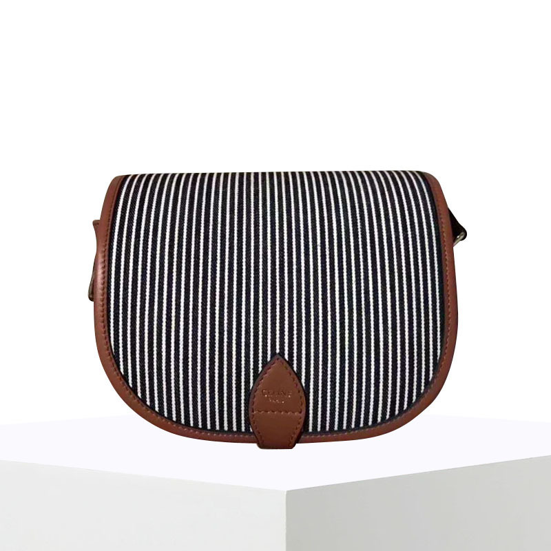 【预定】CELINE Folco 中号山核桃条纹织物面料和小牛皮手袋单肩斜挎包 涂层帆布/牛皮革